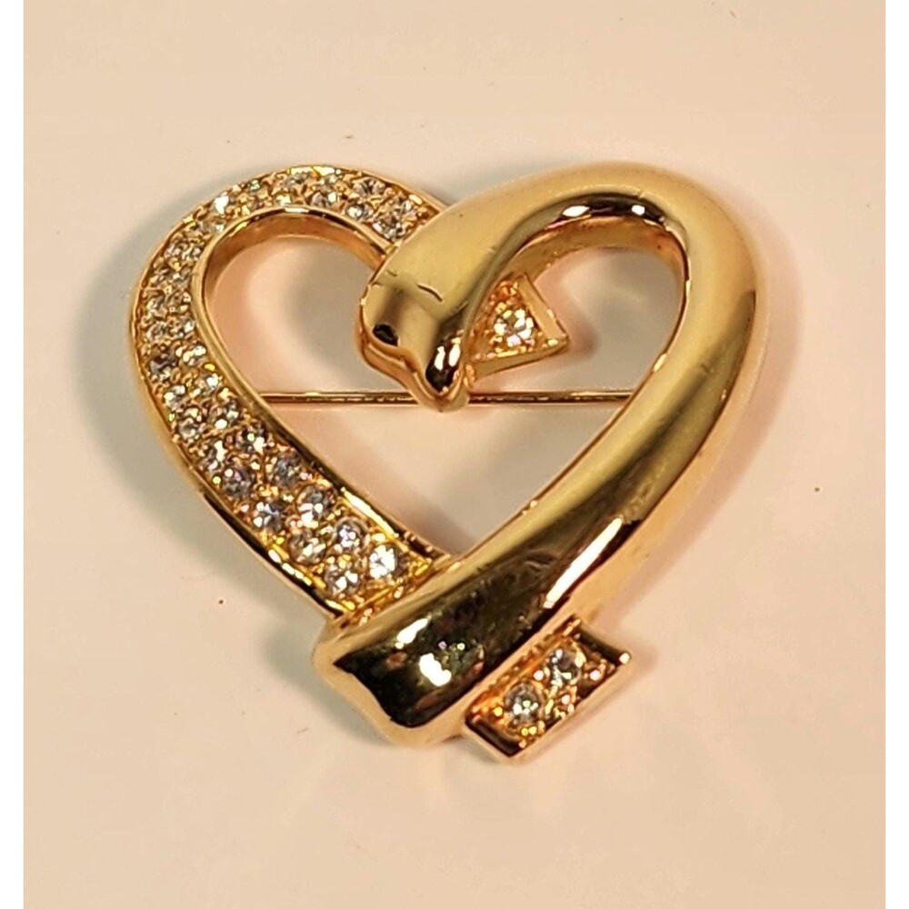Swarovski Swan Gold-tone & Crystal Heart Brooch Signed Vintage 1980s Romance